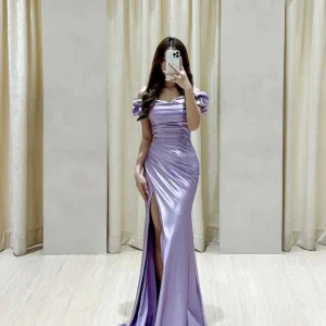 Lila Satin Aftonklänning Ärmlös Lång Formell Balklänning