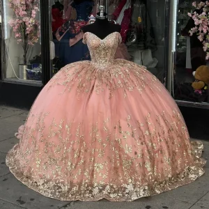 Rosa Prinsessa Off Shoulder Tyll Balklänning Quinceanera Klänning