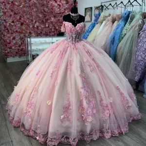 Rosa Spetsapplikation 3D Blommig Off Shoulder Quinceanera Balklänning