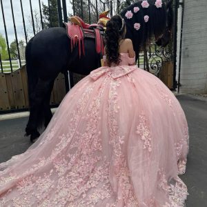 Pink Quinceanera Off Shoulder Appliques Ball Gown Dress With Bow