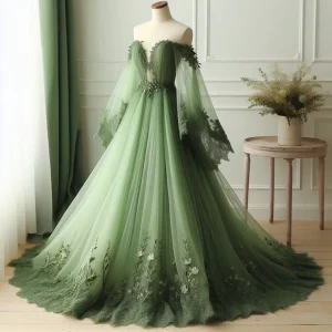 Lace Green Wedding Dress with V Neck Off Shoulder Appliques