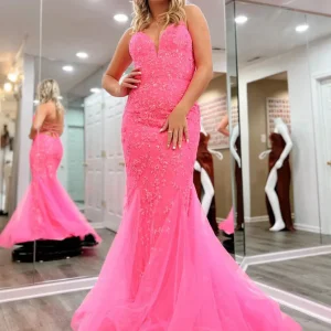 Mermaid Spaghetti Strap Hot Pink Lace Tulle Long Prom Dress