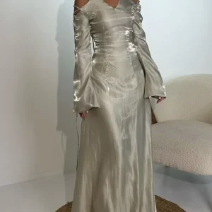 Silver Grey Satin V-Neck Lace-Up Prom Dress with Flare Sleeves