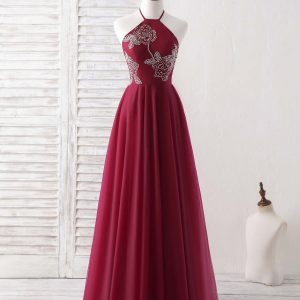 Elegant Burgundy Tulle Beaded Long Prom Dress, Stunning Evening Gown