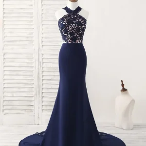 Elegant Dark Blue Lace Mermaid Long Prom Dress Bridesmaid Gown