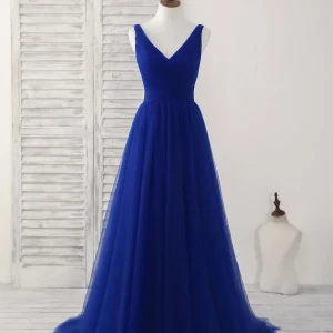 Elegant Royal Blue Tulle V-Neck Long Prom Dress for Bridesmaids and Evenings