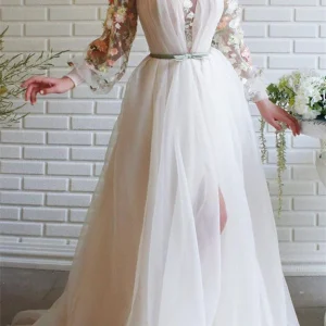Elegant High Collar White Mermaid Evening Gown with Long Sleeves and Floral Details
