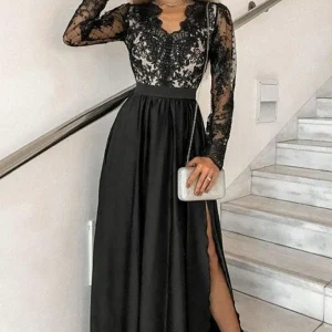 Black Long Sleeve Formal Prom Dress Gown with Thigh High Split