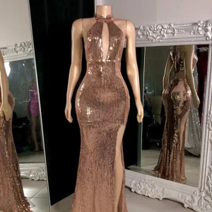 Elegant Rose Sequin Halter Neck Long Slit Prom Dress