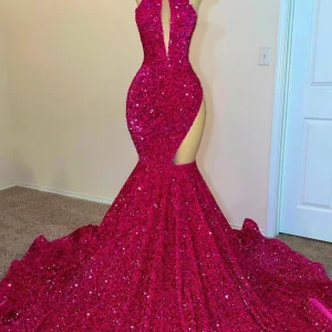 Fuchsia High Neck Sleeveless Mermaid Long Prom Dress with Sequins