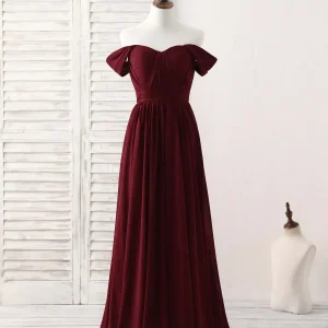 Elegant Burgundy Chiffon Off-Shoulder Long Prom Dress Bridesmaid Gown
