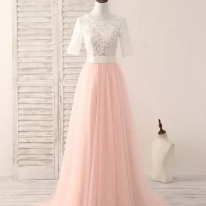 Elegant Pink Tulle Lace Long Prom Dress Bridesmaid Gown for Special Occasions