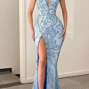 Elegant Blue Sequin Mermaid Prom Dress with Spaghetti Straps and High Split
