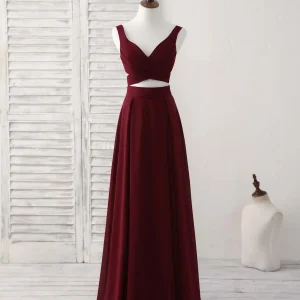 Elegant Two-Piece Burgundy Chiffon Long Prom Dress Evening Gown