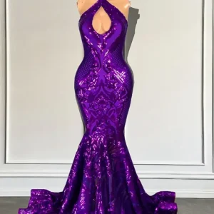 Sparkling Halter Neck Purple Sequin Mermaid Prom Dress: Glamorous Floor-Length Evening Gown