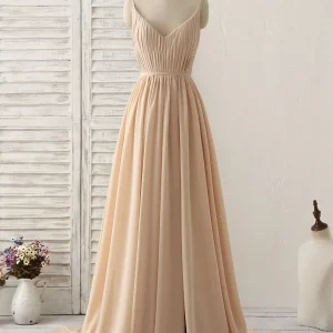 Simple Champagne V-Neck Chiffon Bridesmaid Dress: Elegant Long Prom Gown