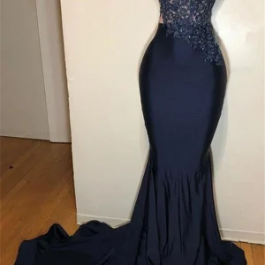 Dark Blue Appliqued Sleeveless Mermaid Prom Dress - Elegant Formal Gown
