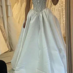 Elegant A-Line Strapless Satin Wedding Dresses with Beads and Lace