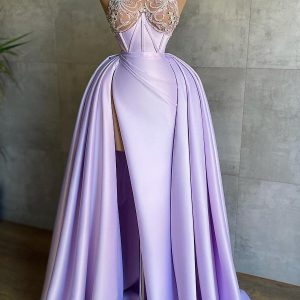 Chic High Neck Ruched Satin Floor Length Evening Dress with Floral Lace and Front Slit