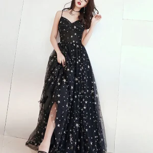 Black V Neck Tulle Long Evening Prom Dress