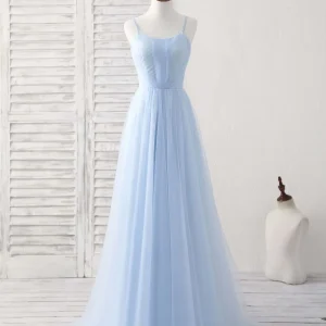 Elegant Blue Tulle Long Prom Dress, Enchanting Bridesmaid Gown for Special Occasions
