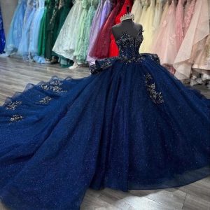 Marinblå Glitterprinsessa Quinceanera Balklänning med Applikation Korsett Peplum