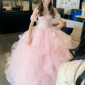 Rosa Hjärtformad Tyllbalklänning Quinceanera Applikation Sweet 16