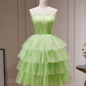 Green Spaghetti Strap Tiered Juniors Homecoming Dress 8th Grade Dance Dress
