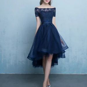 Dark Blue Lace Tulle Short High Low Prom Evening Dress