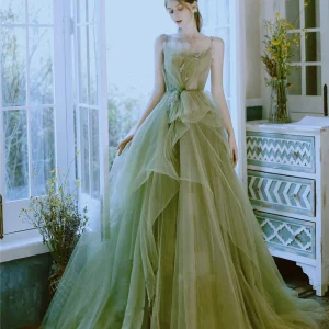 Green Elegant Tulle Lace Long Prom Formal Evening Gown Dress