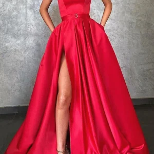 Elegant One-Shoulder Red Satin Prom Gown with Thigh-High Split and Pockets