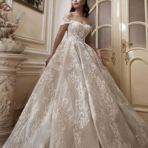 Off-the-Shoulder Floor-Length Church A-Line Wedding Dress with Lace Appliques