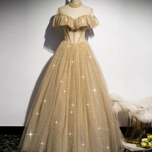 Champagne Long Prom Tulle Sequin Bridesmaid Evening Dress