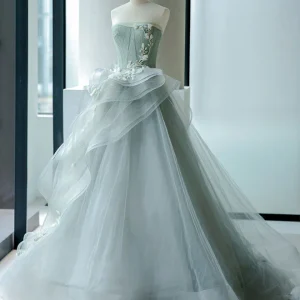 Stunning Gray Green Tulle Lace Long Prom Gown Evening Dress