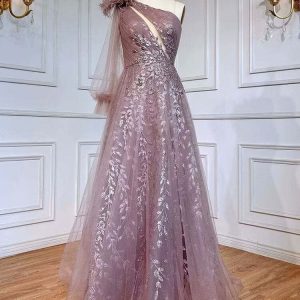 Elegant Extreme Pink One Shoulder Feather Evening Dress