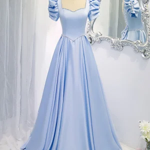 Elegant Glamorous Blue Satin Backless Long Prom Evening Dress