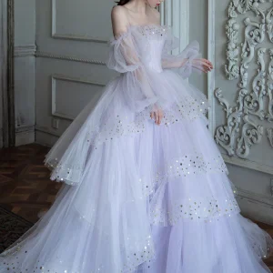 Light Purple Tulle Sequin Long Prom Dress Evening Gown For Women