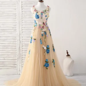 Elegant Champagne Tulle Lace Applique Long Prom Evening Dress