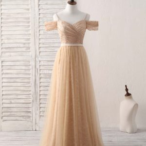 Elegant Champagne Off-Shoulder Lace Tulle Long Bridesmaid Dress for Special Occasions