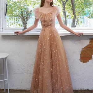 Elegant Off-Shoulder Tulle Lace Prom Dress with Built-In Bra, Champagne Silhouette