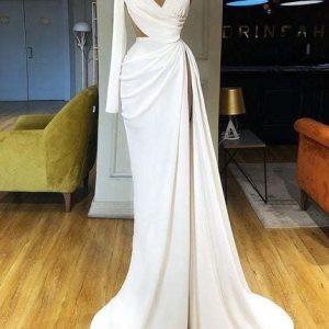 Elegant White One Shoulder Long Sleeve Sweetheart Mermaid Prom Dress with Split