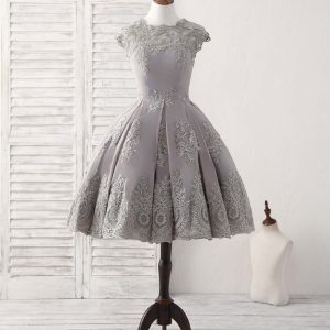 Elegant Gray Round Neck Lace Short Prom Dress, Perfect Gray Bridesmaid Gown