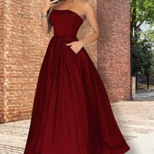 Elegant Strapless Burgundy Prom Dress with Pockets, A-Line Floor Length Gown