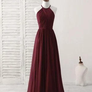 Elegant Burgundy Chiffon Long Prom Dress, Simple Evening Gown for Bridesmaids