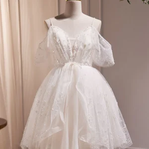 Modern Sweet Off Shoulders Spaghetti Strap Sheer Short Knee Length Wedding Dress