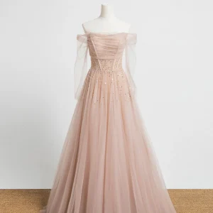 Champagne Pink Tulle Beaded Long Prom Evening Dress with Built‑In Bra