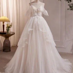 Sweet Spaghetti Strap Off Shoulders Tulle Bead Ball Gown Sheer Wedding Dress