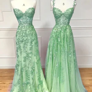 Stunning A-Line Green Tulle Lace Long Prom Evening Dress