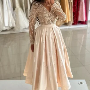 Chic Glitter Satin Ankle-Length Evening Dress with Long Sleeves & V-Neck