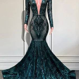 Emerald V-Neck Long Sleeves Sequin Lace Mermaid Prom Dress for Women